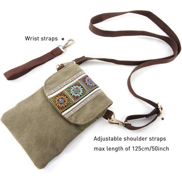 Women's Army Green Vintage Embroidered Cute Mini Cross Body Bag Small Handbags - Picture 6 of 7